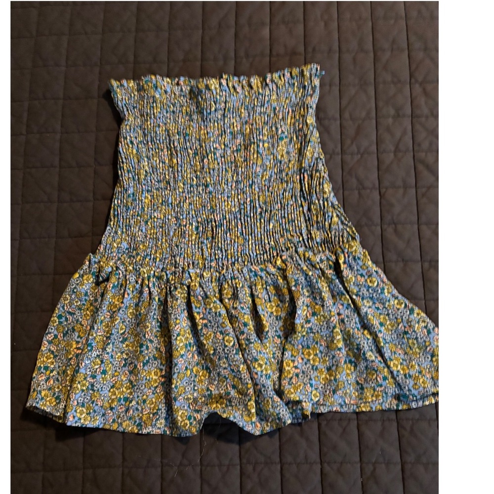 Good Luck Gem Womens Smocked Floral Tube Top Blue Yellow Ruffle Hem Small